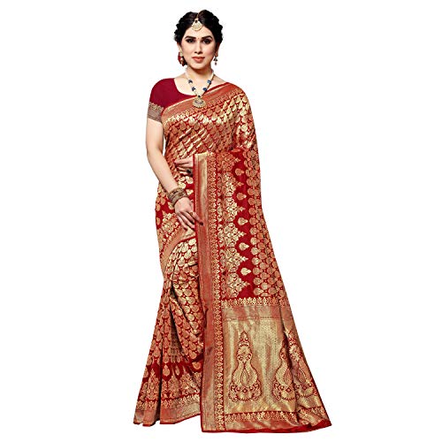 TreegoArt Fashion Damen Kanjivaram Jacquard Silk Saree Mit Unstitchead Bluse Stück - (Silk Ghanti Red)