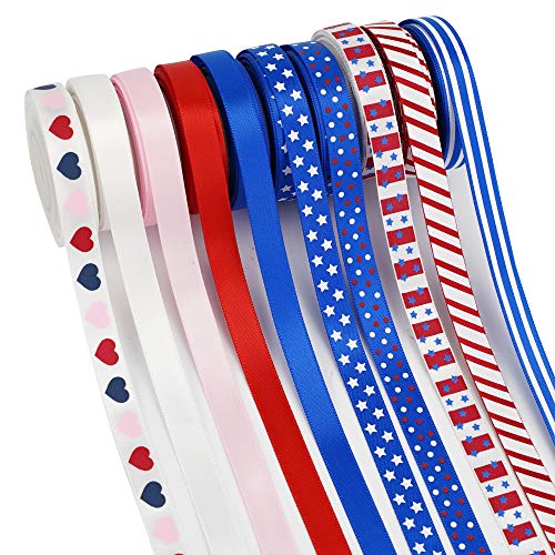 Midi Ribbon Lot de 10 rouleaux de ruban en satin gros grain de 45,7 m pour la fête nationale du 4 juillet, rouge, blanc, bleu, drapeau patriotique, 9,5 mm, ruban en satin, ruban pour cheveux, nœuds cadeaux, décorations