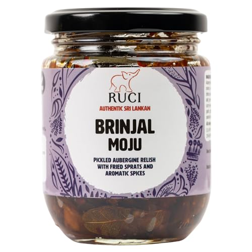 RUCI Sri Lankan Brinjal Moju, Pickled Aubergine with fried Sprats Green Chillies and Aromatic Spices - 175g