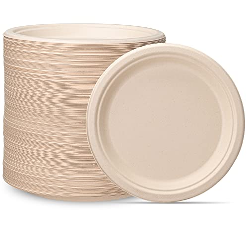 Comfy Package [9 Inch - 250 Pack] 100% Compostable Heavy-Duty Paper Plates, Eco-Friendly Disposable Sugarcane Plates - Kraft
