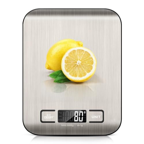 Food Scale Digital Kitchen Scale Stainless Steel Food Weight Scales for Cooking Baking with 6 Units Tare Function (Battery Included)
