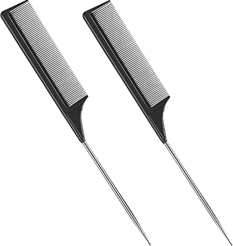 2 Pack Tail Comb, Carbon Fiber Stainless Steel Pintail and Heat Resistant Rat Teasing Comb for Daughter Women, Black