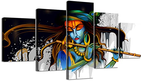 DJSYLIFE Large 5 Piece Hindu God Krishna Wall Decor Canvas Printed for Living Room Decorative Indian Painting Modern Home Decor Stretched and Framed Ready to Hang 60" Wx32 H