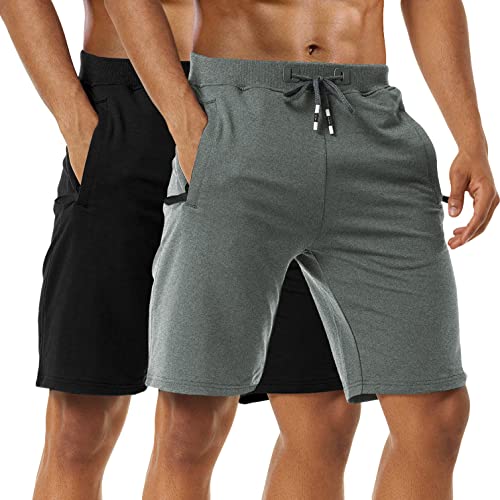Boyzn Men's 2 Pack Casual Shorts Comfortable Cotton Workout Shorts Elastic Waist Gym Running Shorts with Zipper Pockets Black/Dark Grey-M