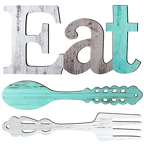 Jetec Set of Eat Sign, Fork and Spoon Wall Decor, Rustic Wood Decoration, Cute Eat Letters for Kitchen and Home, Decorative Hanging Wooden Letters, Country Wall Art for Room(Delicate Colors)