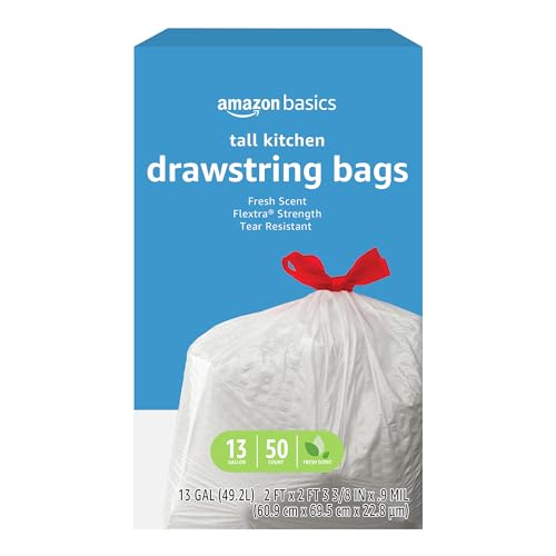 Amazon Basics 13 Gallon Tall Trash Bags, Flextra, Fresh Scent, Drawstring, 50 Count