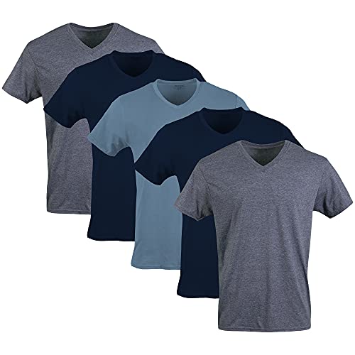 Gildan Men's V-Neck T-Shirts, Multipack, Style G1103, Navy/Heather Navy/Indigo Blue (5-Pack), X-Large