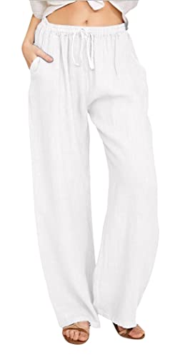CHARTOU Women's Summer Drawstring Waist Wide Leg Loose Cotton Linen Palazzo Pants (X-Small, White)
