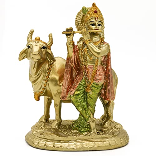 alikiki Hindu God Lord Krishna Statue - 5.3“H Baby Krishna Idol w/Cow Nandi Statue Indian Diwali Mandir Murti Pooja Item Home Office Altar Shrine Puja Decor