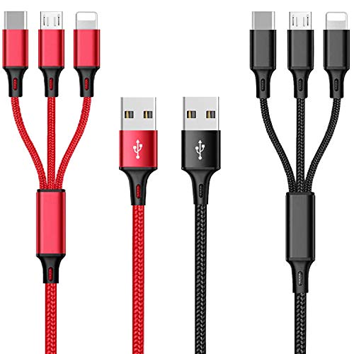Multi Charging Cable, 4ft 2Pack Multi Phone Charger Cable Braided Universal 3 in 1 Charging Cord Extra Long Multiple USB Cable with USB C, Micro USB Port Connectors for Cell Phones and More（Red+Black