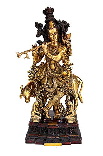 ESPLANADE Brass Krishna with Cow Gopal Kishan Thakurji Murti Idol Statue Sculpture 'Very Big Size' (31" inches) | Pooja Idols | Home Decor