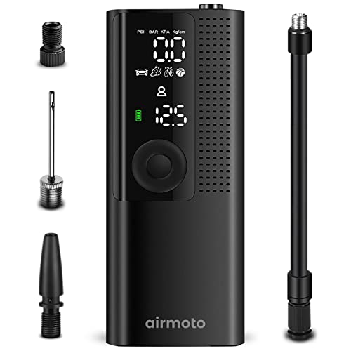 Airmoto Tire Inflator Portable Air Compressor - Air Pump For Car Tires with Digital Pressure Gauge, LED Light and Auto Shut-Off Function - Cordless Pump for Car, Motorcycle, Bicycle, Balls and More