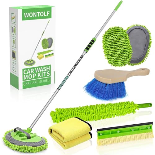 Wontolf 62'' Car Wash Brush with Long Handle Chenille Microfiber Car Wash Mop Mitt Car Cleaning Kit Windshield Window Squeegee Car Duster Microfiber Towels Wheel Tire Brush for Cars RV Truck Boat