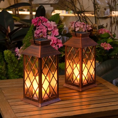 2Pack 11" Outdoor Solar Lanterns Waterproof Garden Gifts Women, Halloween Flickering Flameless Candle Mission Lights for Patio, Outdoor, Party, Yard, Lawn, Mothers' Day Gifts for Mom (Antique Copper)