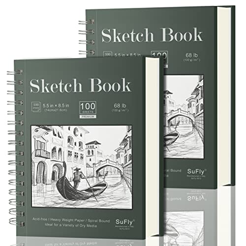 Sketch Book 5.5 X 8.5, Spiral Sketchbook Pack of 2, SuFly 200 Sheets (68 lb/100gsm) Acid Free Sketch Pads for Drawing for Adults Spiral Bound with Hard Cover for Kids & Adults, 100 Sheets Each