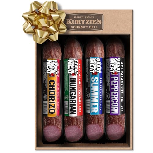 Gourmet Salami Sampler Gift Box – 4 Flavours: Peppercorn, Chorizo, Hungarian, Summer Sausage – Gluten-Free Salami Sticks for Charcuterie Boards, Meat Lovers, High-Protein Snacks – Made in Canada by Great Canadian Meat