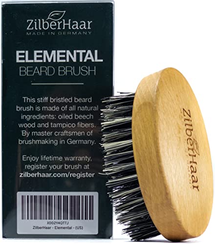 ZilberHaar - Elemental Beard Brush for Men and Mustache Brush - Stiff Natural Bristles and Beech wood - 100% Animal free - Made in Europe - 3 inches long