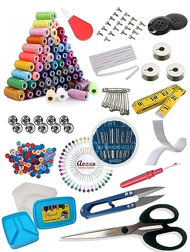 Aezzo Double Layer Tailoring Travel Sewing Sets Kit Box with 24 Thread Spool, Needles, Measure Tape, Bobbins, Shirt and Pant Buttons, Seam Ripper, Scissor, Pearl Pin etc. with Sewing Kit Box.