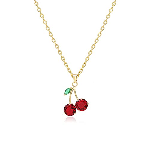 ONLYJUMP Personalized Red Crystal Cherry Fruit Earring Pendant Necklace for Women Creative Cute Summer Tropical Fruit Basket Choker Sweet Shining Green Leaf Ruby Red Cherry Stud Earrings