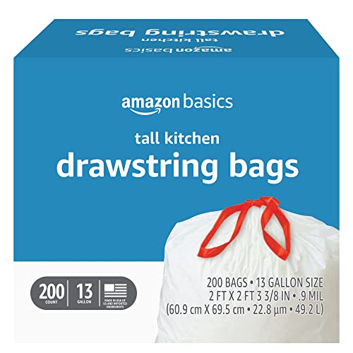 Amazon Basics Trash Bags, Tall Kitchen Drawstring, Unscented, 13 Gallon, 200 Count, Pack of 1