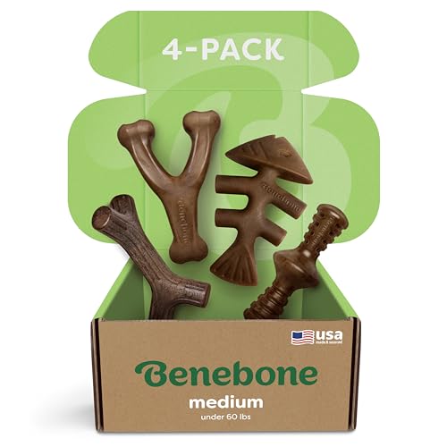 Benebone 4-Pack Durable Dog Chew Toys for Aggressive Chewers, Real Flavors, Made in USA, Medium