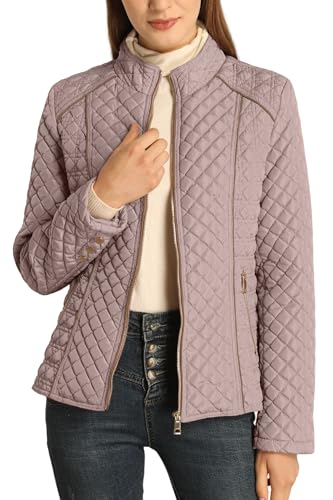 Bellivera Women Stand Collar Lightweight Quilted Puffer Jacket, Spring Fall Clothes Winter Warm Padded Coat 087 Pink XL