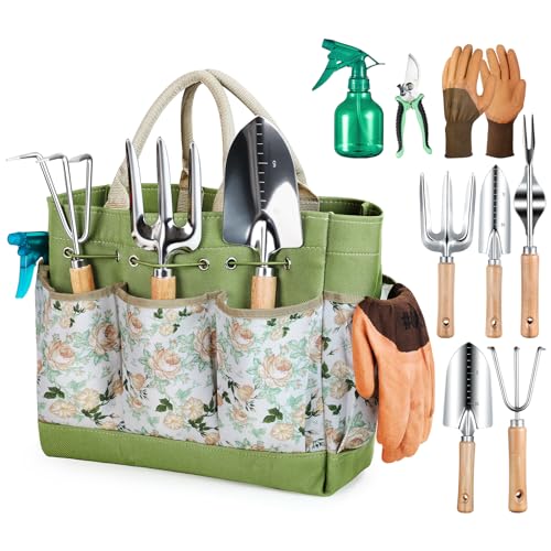 Grenebo Gardening Tools, 9-Piece Heavy Duty Gardening Hand Tools with Fashion and Durable Garden Tools Organizer Handbag,Rust-Proof Garden Set, Ideal Gardening Gifts for Women