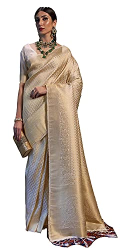 SWORNOF Women's Chanderi Linen Saree (Cottonlleave-8888_White) free white
