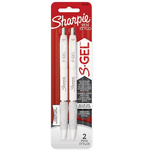 Sharpie S-Gel, Gel Pens, Medium Point (0.7 mm), Pearl White Barrel, Black Gel Ink Pens, 2 Count