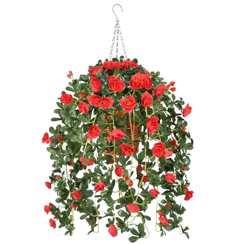 Homsunny Hanging Basket with Artificial Vine Silk Flowers,Artificial Plant for Patio Lawn Garden Decor (Rose red)