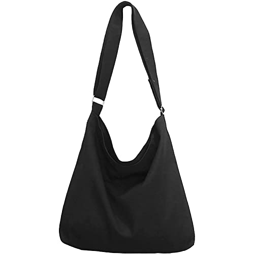 Lify Women's Cotton Canvas Retro Shoulder Bag With Zipper Closure - Hobo Crossbody Handbag, Casual Tote Bag For Office And College, Large,Black