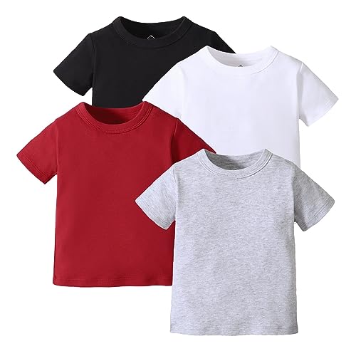OPAWO Unisex Infant Baby Crew Neck T-Shirt 4 Pack Short Sleeve Solid Color Blank Tees Shirts for Boys Girls 6M-5T (Black/White/Gray/Red, 18-24 Months)