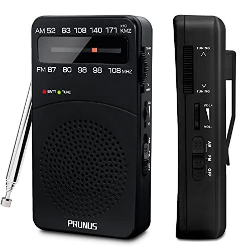 PRUNUS J-166 Portable Radio AM FM, Battery Operated Radio with Tuning Light, Back Clip, Excellent Reception, AM FM Radios Portable, Transistor Radios
