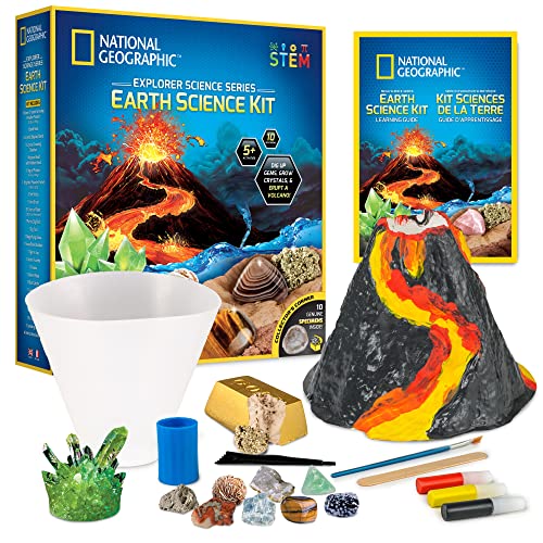 NATIONAL GEOGRAPHIC Earth Science Kit - Science Experiments & STEM Activities for Kids, Crystal Growing, Build a Volcano, Gemstone Dig Brick & Rock Collection, Geology Kit for Kids