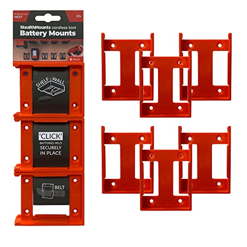 StealthMounts Battery Holders Compatible with Hilti 22v | Cordless Battery Mounts Compatible with Hilti Power Tools | 6 Pack | Battery Organizers | Orange