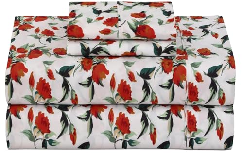ZOYER Floral Sheets Queen Size Bed Set Deep Pocket Fitted Up to 15” Double Brushed Microfiber Breathable Red Flower Printed Sheets Queen, 4 Piece, Mustardly