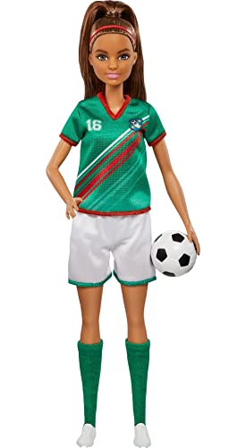 Barbie Careers Fashion Doll & Accessory, Soccer Player with Brunette Ponytail, #16 Uniform, Tall Socks, Cleats & Soccer Ball