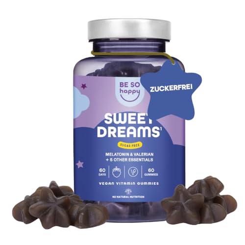 Melatonin Gummies 0,5mg für den Schlaf,120 Tage, Extra Leckere mit Baldrian + Passionsblume + Kamille + Lavendel + Vitamin B6, Blaubeergeschmack, 60 leckere Gummibärchen, Vegan, BeSoHappy®