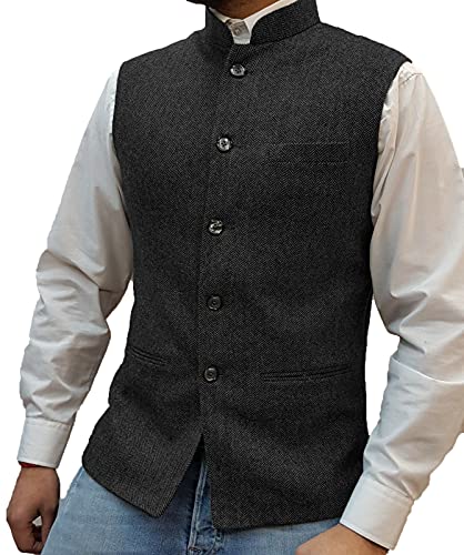 Tuikayoo Mens Herringbone Wool Vests Suit Business Tweed High Collar Waistcoats Slim Fit, Black, Large