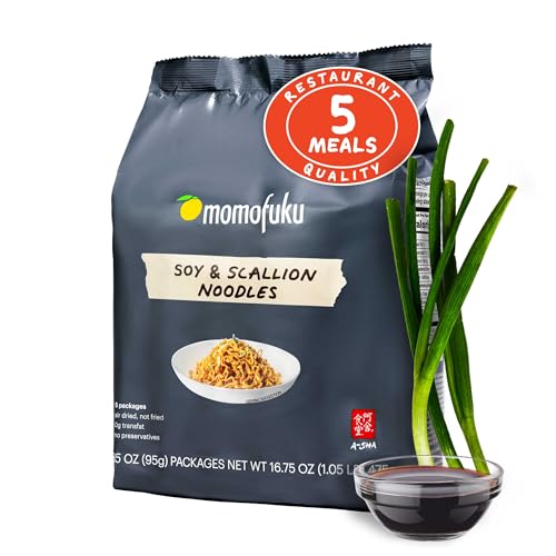 Momofuku Soy & Scallion Ramen Noodles by David Chang, 5 Count (Pack of 1) Air-Dried Vegan Instant Noodles with Sauce