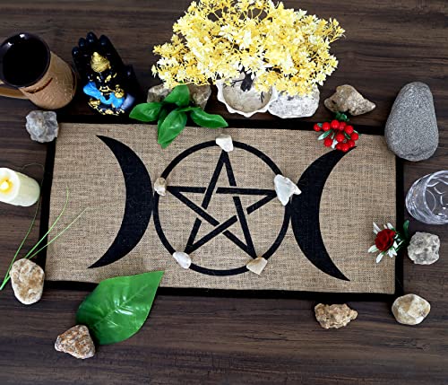 Indian Consigners Triple Moon Pentagram Altar Cloth – 24x12 Inch Organic Burlap with Fabric Backing | Witchcraft & Wiccan Supplies, Tarot Spread, Pagan or Witch Decor