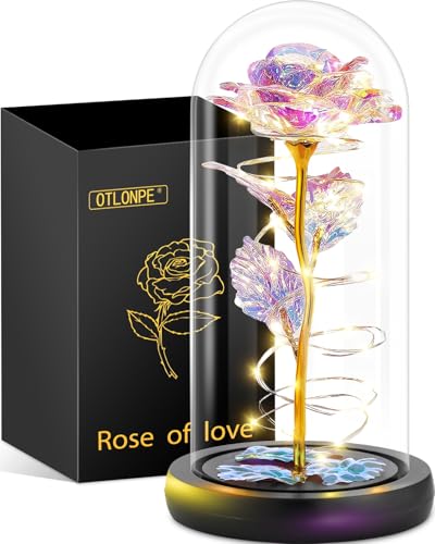 Otlonpe Birthday Gifts for Women, Mothers Day Flowers Gifts for Mom Wife from Kids Daughter Son Husband, Rainbow Light Up Rose in A Glass Dome for Mom Wife, Mother's Day, Christmas Day
