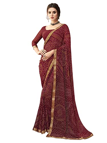 SIRIL Damen Bandhani Printed & Lace Chiffon Sari mit Bluse, Maroon1, X-Large