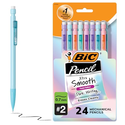 BIC Extra-Smooth Pastel Mechanical Pencils with Erasers, Medium Point (0.7mm), 24-Count Pack, Bulk Mechanical Pencils for School or Office Supplies