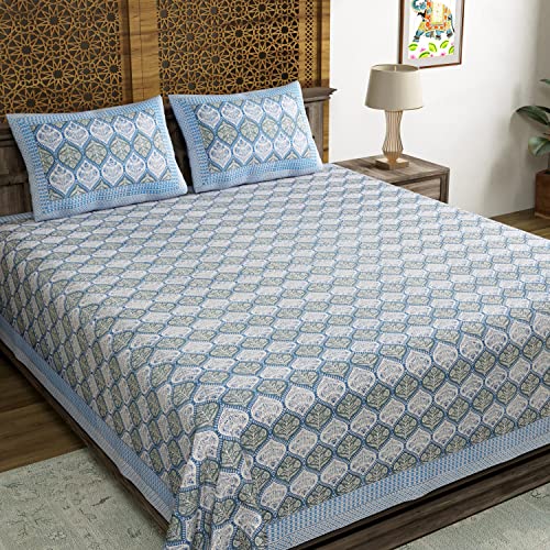 BLOCKS OF INDIA Hand Block Printed 200 TC Cotton Super King Size Bedsheet(106 x 106) (Grey Running)