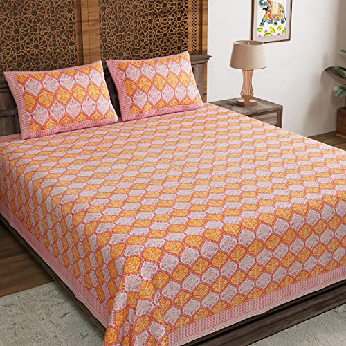 BLOCKS OF INDIA Hand Block Printed 200 TC Cotton Super King Size Bedsheet(106 x 106) (Pink Running)