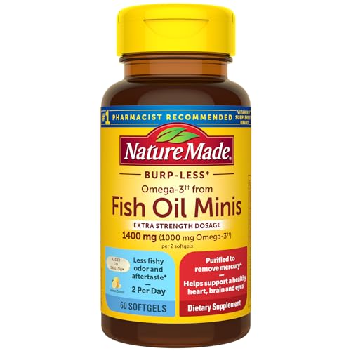 Nature Made Extra Strength Burp Less Fish Oil Omega 3 Supplements 1400 mg Minis, Omega 3 Fish Oil as Ethyl Esters for Healthy Heart Brain Eyes Support, 60 Softgels, 30 Day Supply