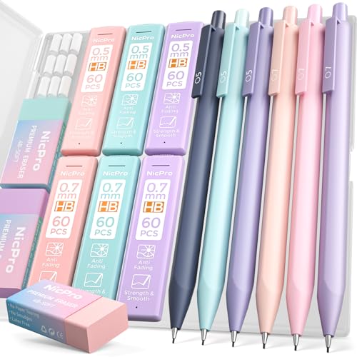 Nicpro 6PCS Pastel Cute Mechanical Pencil Set, Mechanical Pencils 0.5 & 0.7 mm with 6 Tubes HB Pencil Leads, 3PCS Erasers and 9PCS Eraser Refills, Aesthetic School Supplies Stuff for Girls Writing