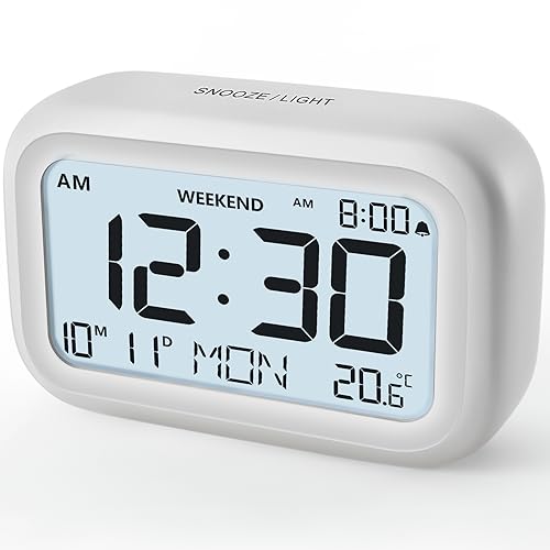 DOOMAY Digital Alarm Clock Bedside - Battery Powered Clock with LCD Display Volume Adjustable Snooze and Weekend Mode for Bedroom Office Desk Travel (White)