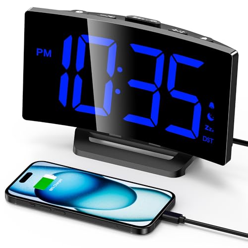 GOLOZA Digital Alarm Clock for Bedrooms with Modern Curved Design, Conspicuous Blue LED Numbers, 6 Levels Brightness, 2 Volume, 3 Alarm Tones, Snooze, Power-Off Memory, 12/24H, Bedside Clock